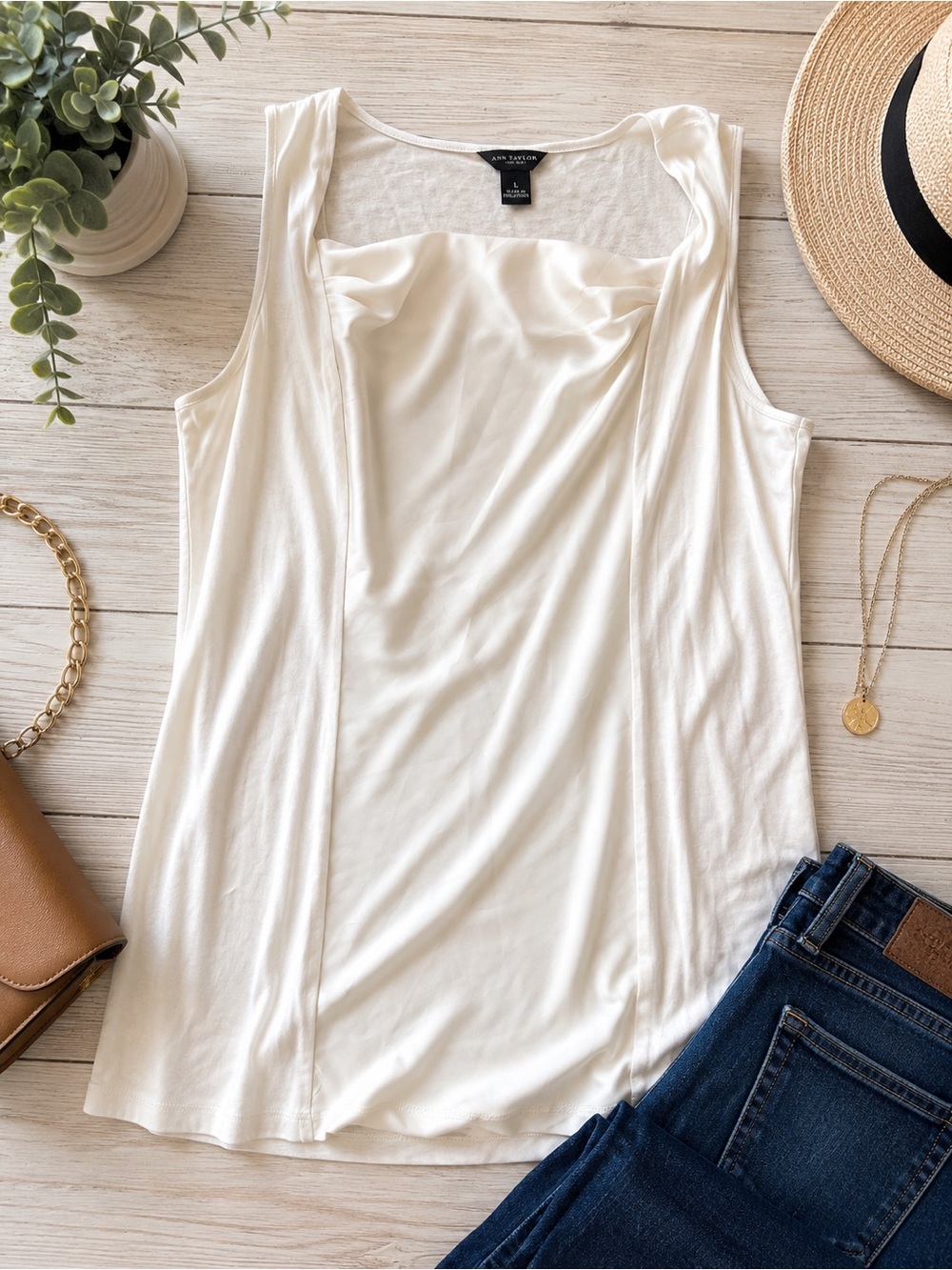 Ann Taylor Cream Sleeveless Draped Front Tank Top